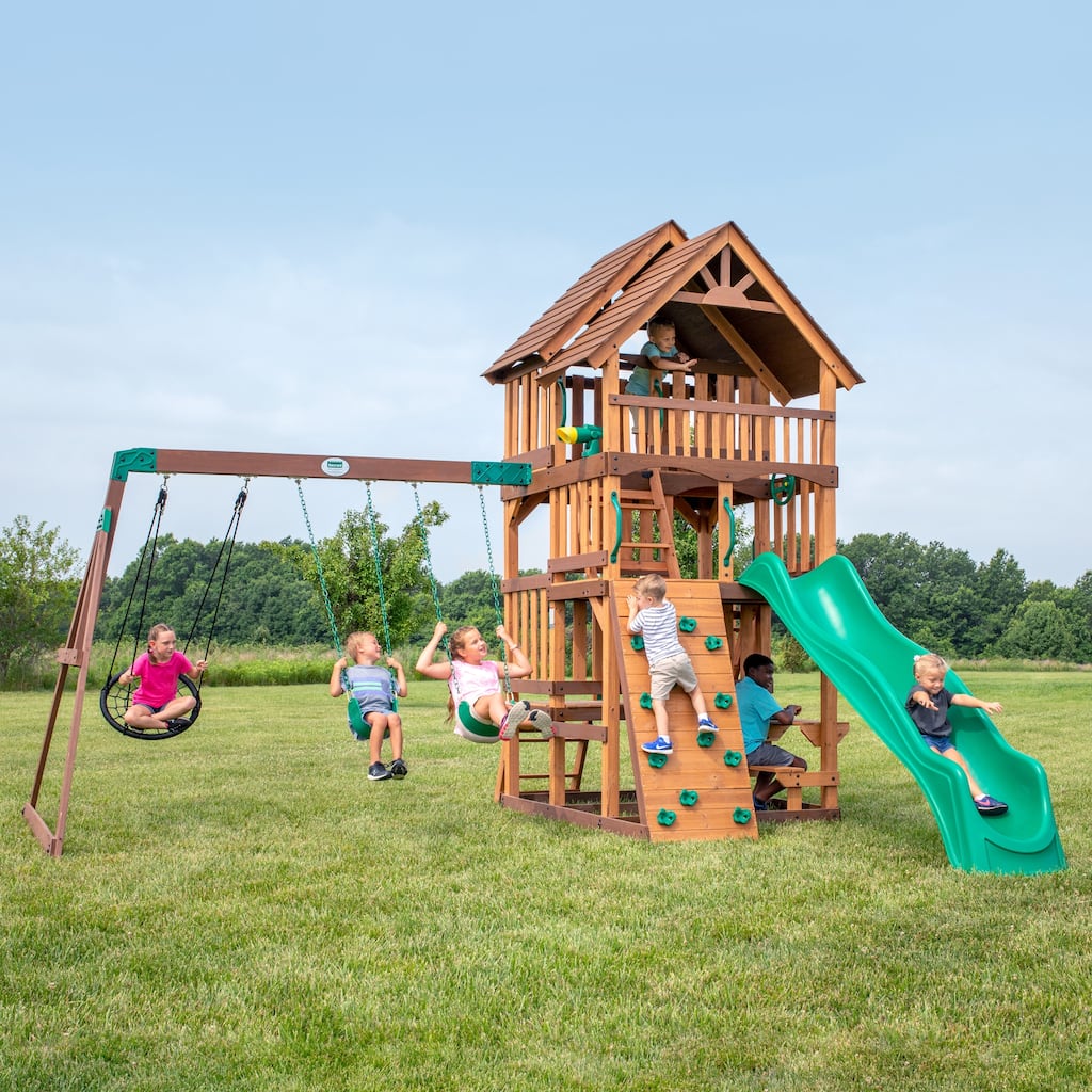 Backyard Discovery Highlander Cedar Wood Swing Set, 3-Story Clubhouse - 15'5" x 15'6"