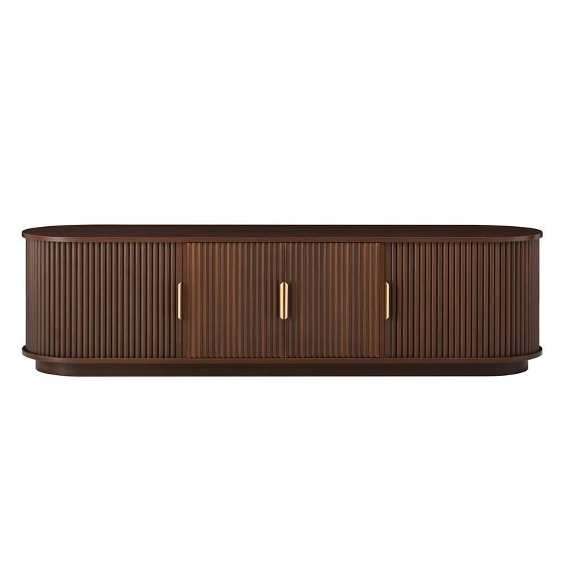 Farmhouse TV Stand with Sliding Tambour Door for 75-Inch TVs, Fluted Media Console with Adjustable Shelves and Golden Handles