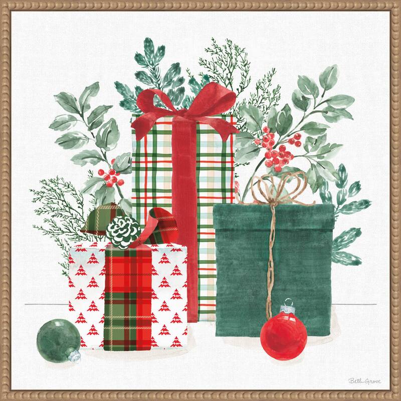 Classic Christmas II by Beth Grove (22 x 22 in.), Framed Canvas Wall Art Print - Sylvie Beaded Rustic Natural