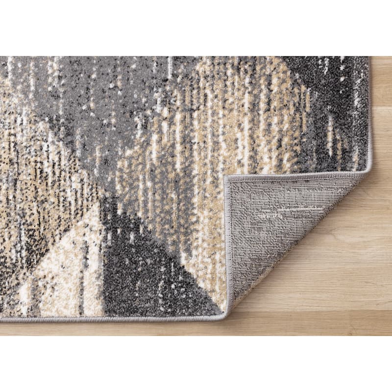 Grey Beige White Distressed Diamond Pattern Living Room Rug