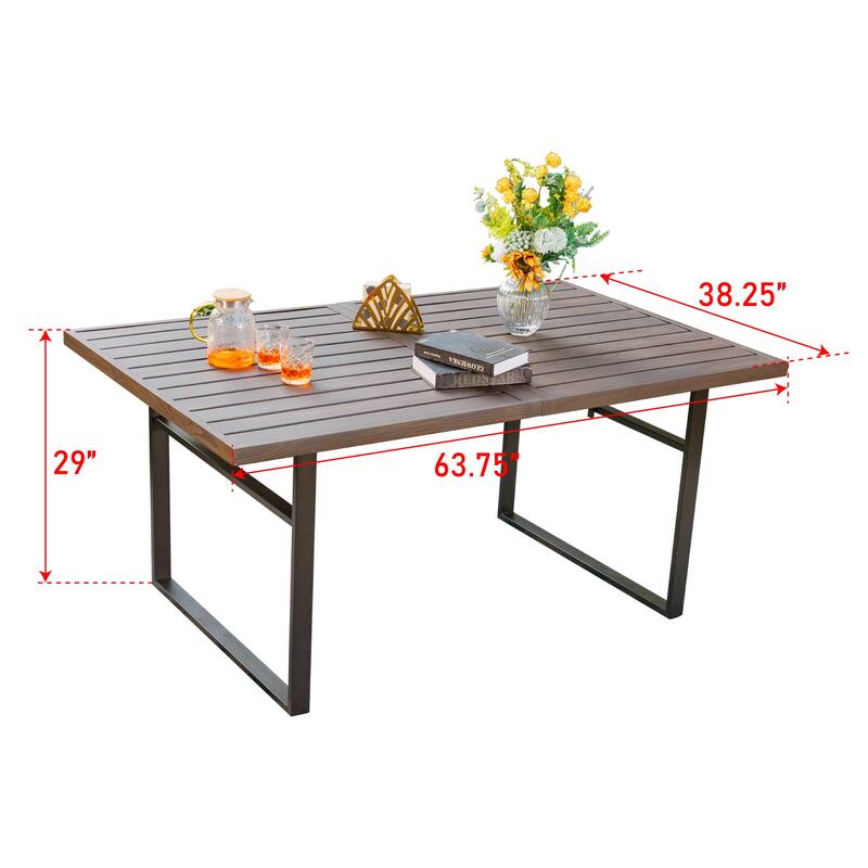 MAISON ARTS 7-Piece Patio Dining Set Printed Wood-grain Table & Rattan Dining Chairs