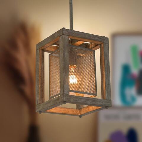 Farmhouse 1-Light Wood Metal Cage Pendants Light for Kitchen Island Dining Room - L7.9" xW7.9 "xH10.6"