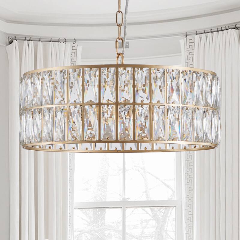 Crystal Drum Chandelier, 6-Light Pendant Lighting Fixture with Metal Frame for Living Room, Dining Room(Bulbs Not Included)