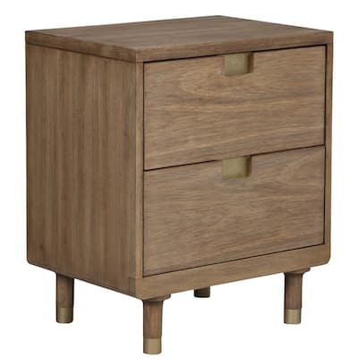 Sand Solid Wood 2-Drawer Rectangular Nightstand with Metal Accents