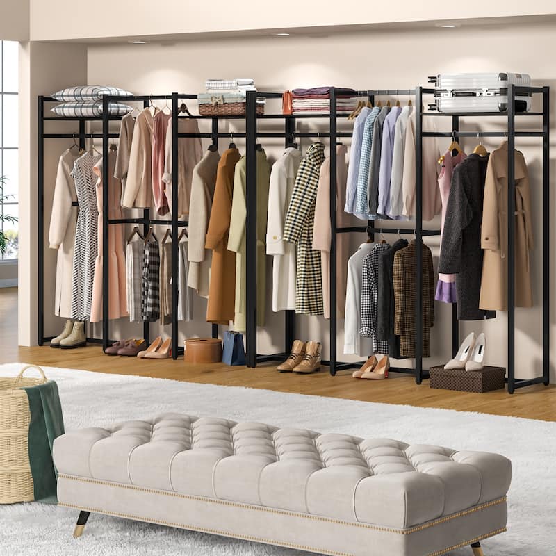 Free Standing Closet Organizer with Hanging Rods, Garment Rack Heavy Duty Clothes Rack with Storage Shelves, Max Load 500LBS