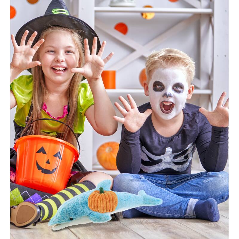 DolliBu Super Soft Dolphin Stuffed Animal with Pumpkin Decor - 14 inches