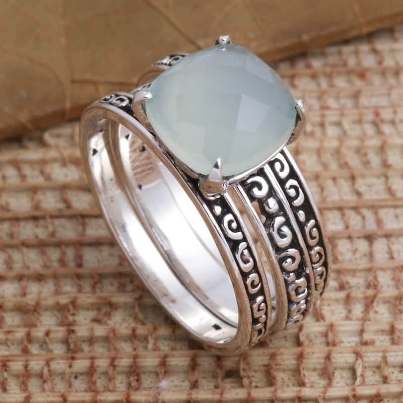 Novica Handmade Buddhas Curls In Aqua Chalcedony Cocktail Ring