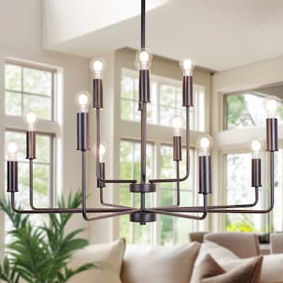 Modern 12-Light Black Chandelier Candle Large Light Fixture for Dining Room - 39.3 " L × 43.3 " H