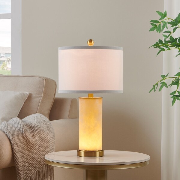 22 in. Antique Brass Marble Table Lamp Set with Main Light Bulbs and LED Night Light Set of 2