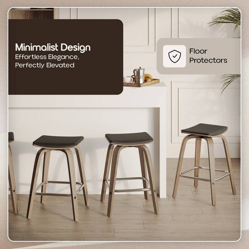 Leather Counter Stool Swivel Square Seat Poplar Wood Frame Iron Foot Rest