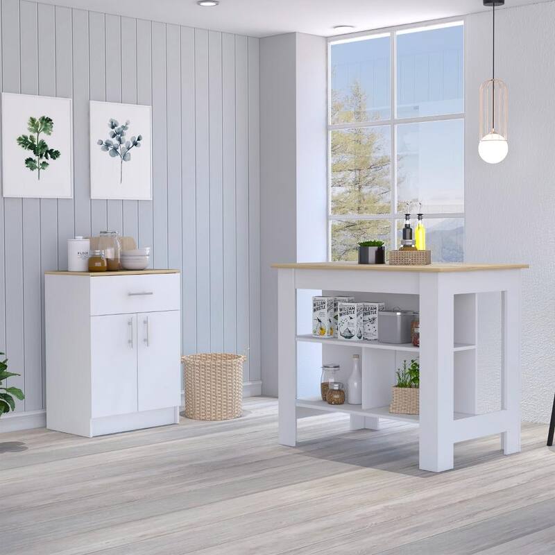 2 Piece Kitchen Set, Kitchen Island + Pantry Cabinet , White /Light Oak