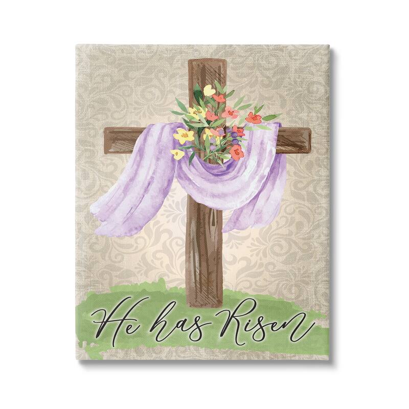 Stupell He Has Risen Spring Floral Cross Brown Damask Pattern Canvas Wall Art - 16 x 20