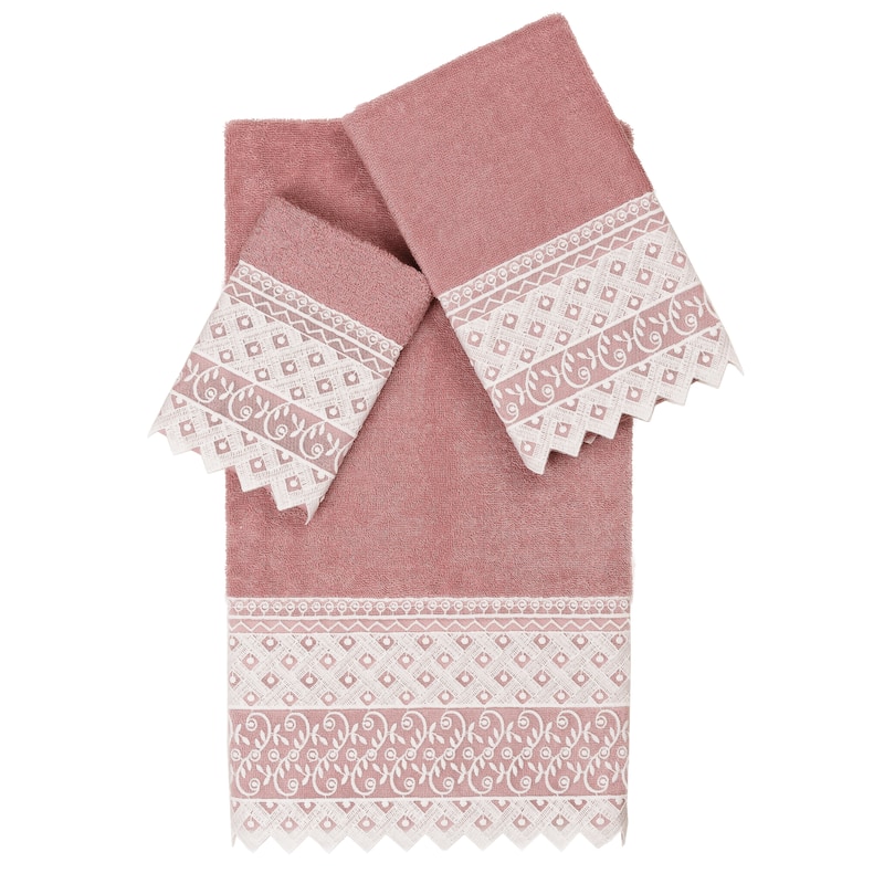 Authentic Hotel and Spa 100% Turkish Cotton Aiden 3PC White Lace Embellished Towel Set - Tea Rose