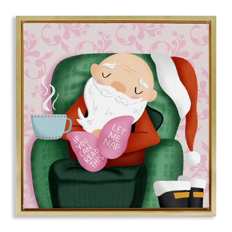 Stupell Cozy Sleeping Santa Claus Framed Floater Canvas Wall Art Design By Sarah Hickman - 18 x 18 - Gold