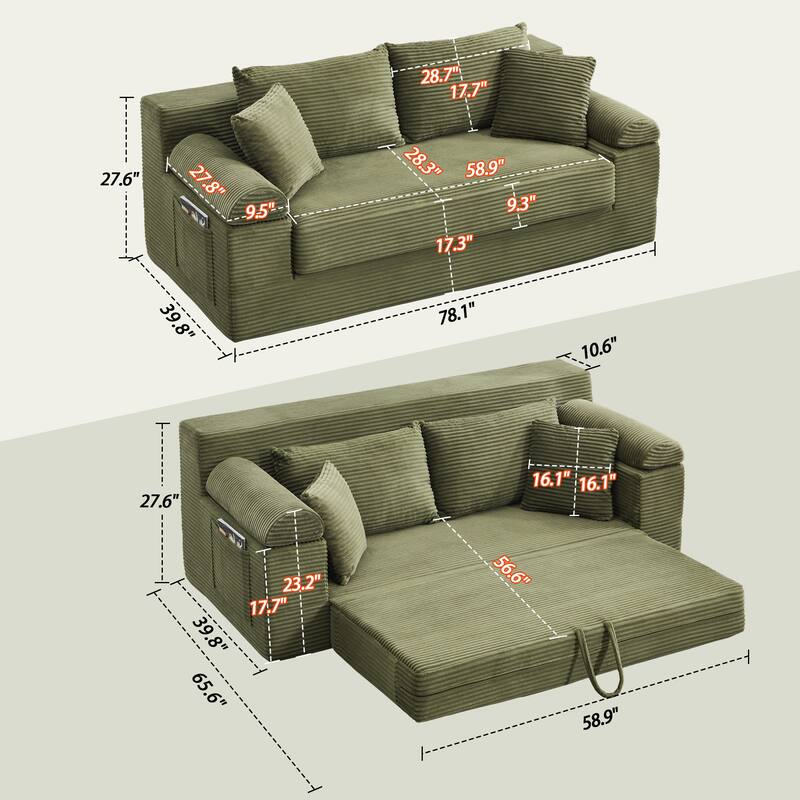 78" W Convertible Sleeper Sofa Bed Corduroy Loveseat with Pillows