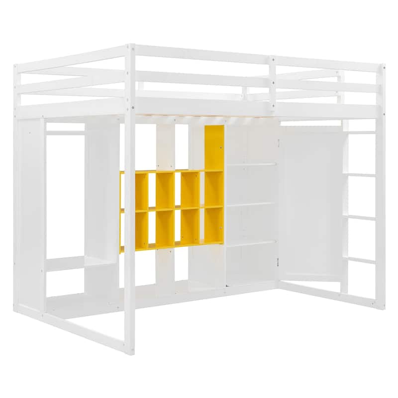 Full Size Wood Loft Bed with Wardrobe Shelves and Cabinet Storage