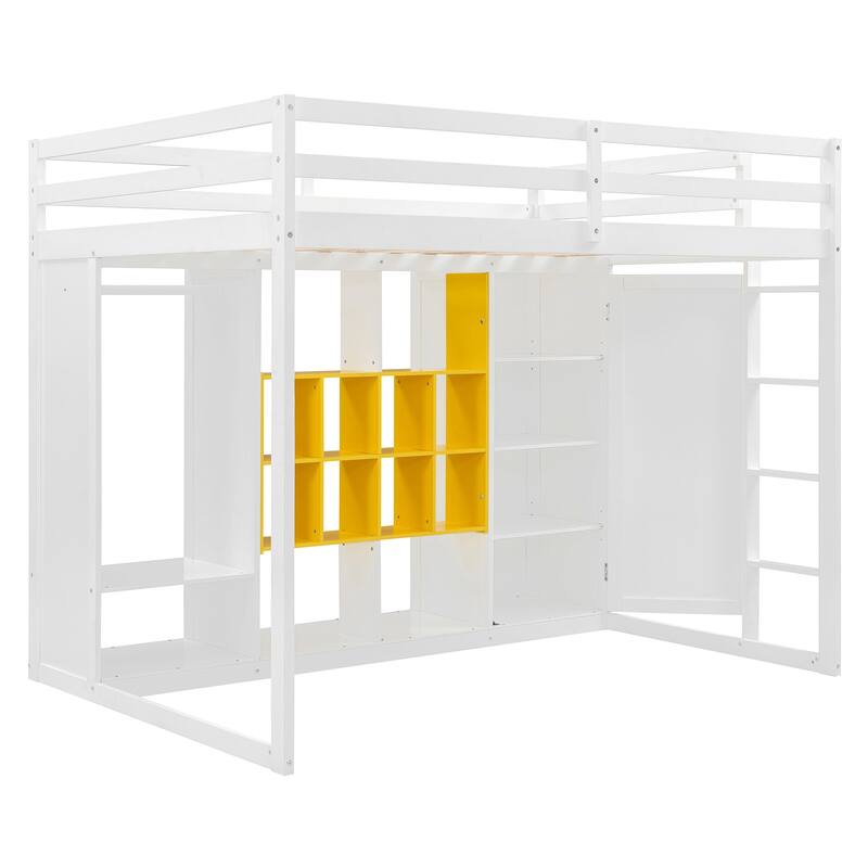 Twin/Full Size Versatile Loft Bed with Wardrobe, Storage Bed Frame with Multi-Shelves and Clothes Hanging Rod