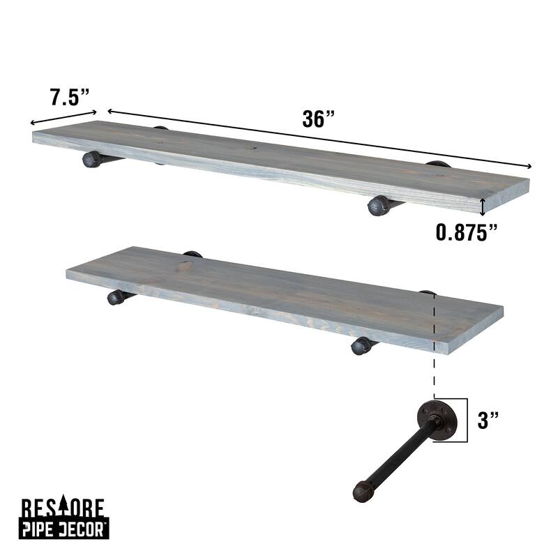 PIPE DECOR 36" Solid Wood Wall Shelves with Rustic Black Industrial Steel Pipe Brackets, Set of 2
