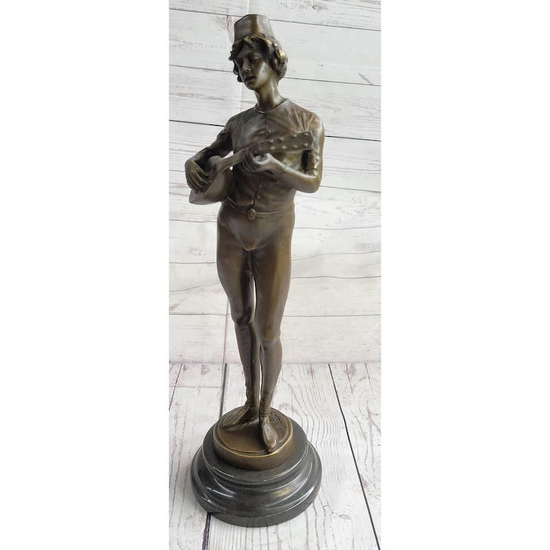 Mandolin Banjo Player Guitar Musician Bronze Sculpture Statue Figure Marble Base 17 Inches X 4.5 Inches