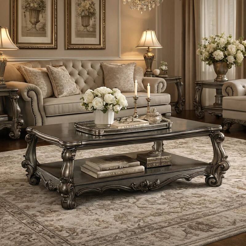 Wooden Coffee Table with Vintage Style Oversized Legs and One Open Shelf, Silver