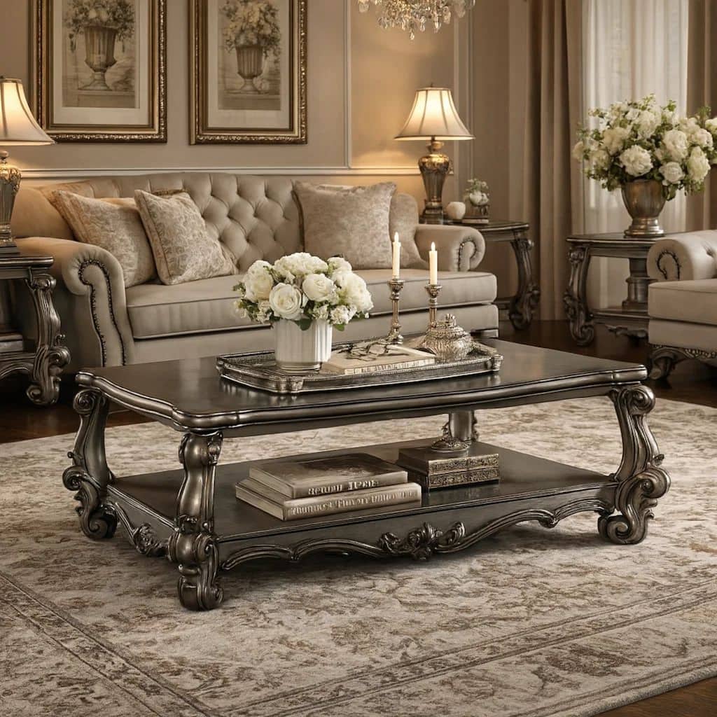 Wooden Coffee Table with Vintage Style Oversized Legs and One Open Shelf, Silver