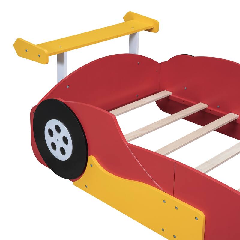 Race Car-Shaped Platform Bed with Wheels - Red Twin