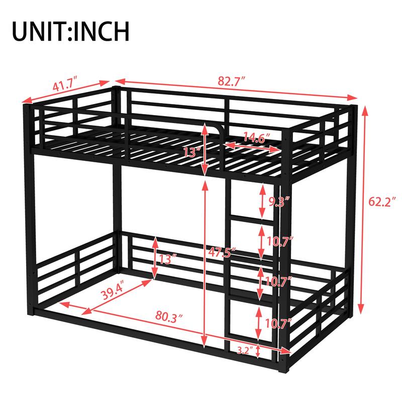 Heavy Duty Metal Bunk Bed, Low Floor Bunk Bed Frame with Full Length Guardrail, Noise Free Design