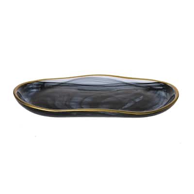 Alice Pazkus Black Alabaster 13.75" Oval Tray With Gold Trim