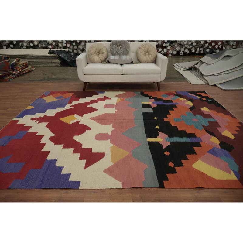 Hand Woven Oriental 100% Wool Carpet Southwestern Modern Multi-Colored Kilim Area Rug - 9' 11'' X 8' 2''