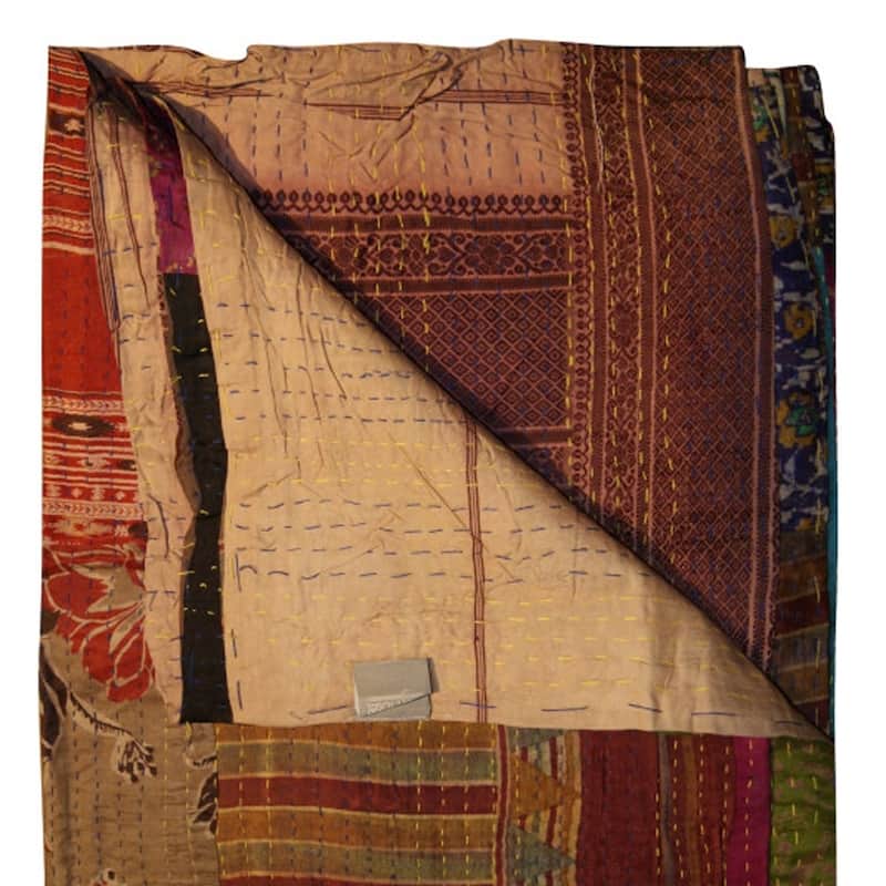 HomeRoots 50" X 70" Burgundy and Brown Quilted Cotton Patchwork Throw Blanket with Embroidery