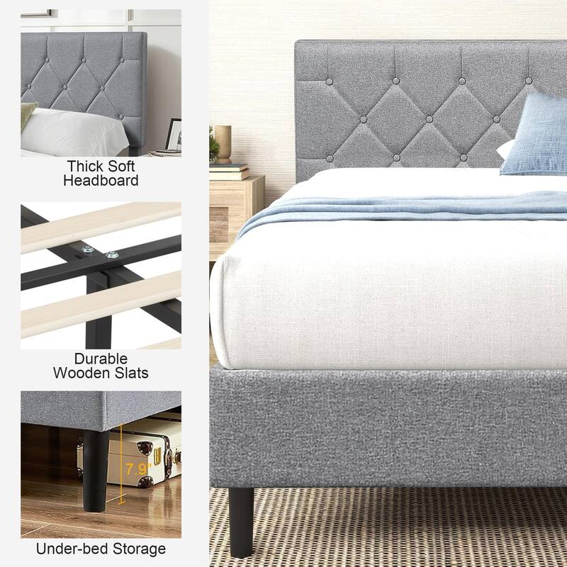 VECELO 2 Pack Upholstered Twin Size Kids Bed Frame Set of 2 Diamond Tufted Headboard with Crystal/Button Accents