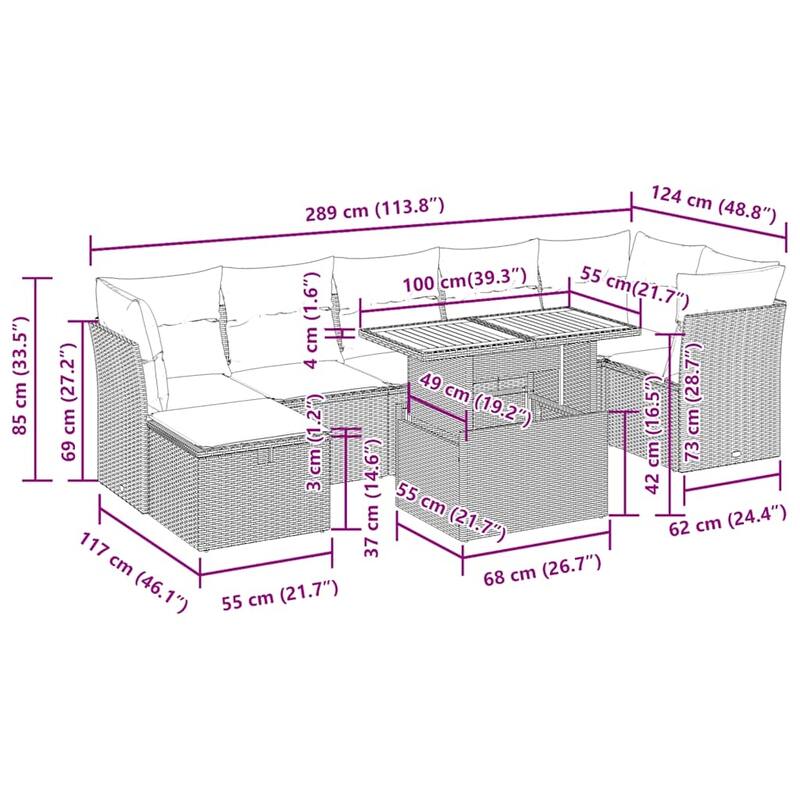 vidaXL 8 Piece Patio Sofa Set with Cushions Gray Poly Rattan Acacia - 24.4 x 24.4 x 27.2