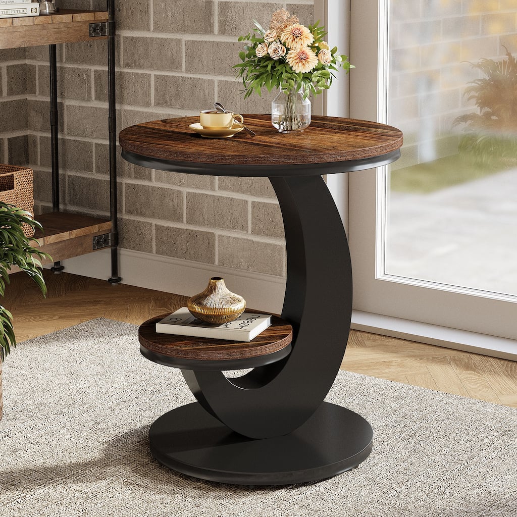 Round End Table, 2 Tiers Side Table with Storage Shelf