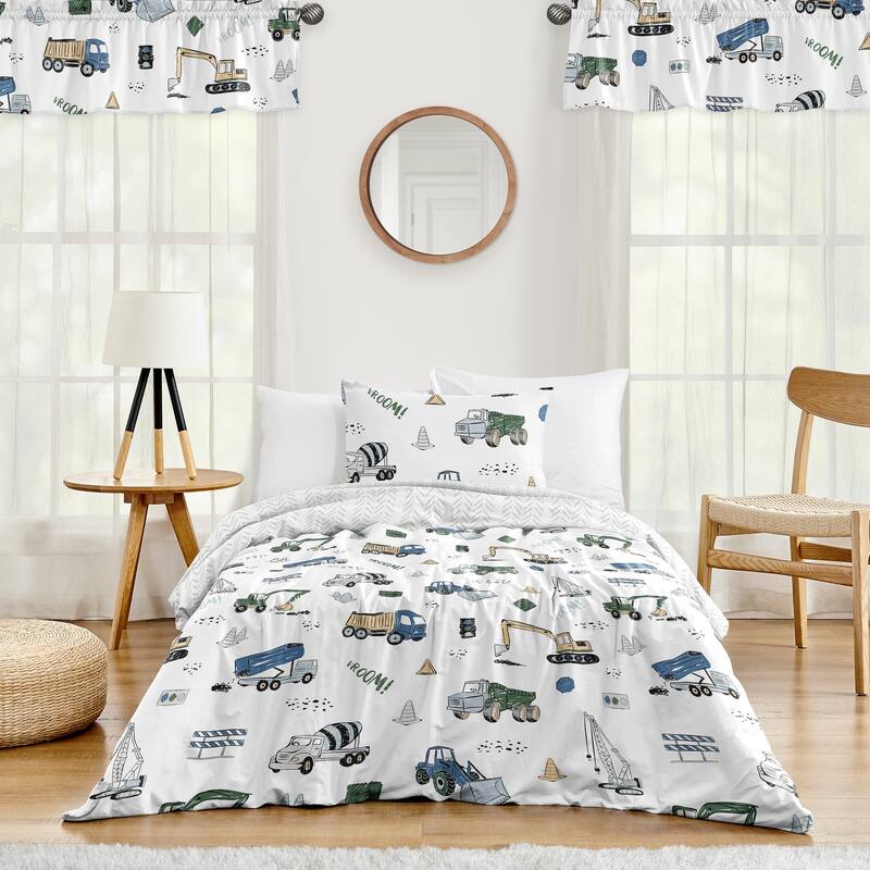 Construction Truck Collection Boy 2pc Twin-size Comforter Set - Grey Yellow Black Blue and Green Transportation Chevron Arrow