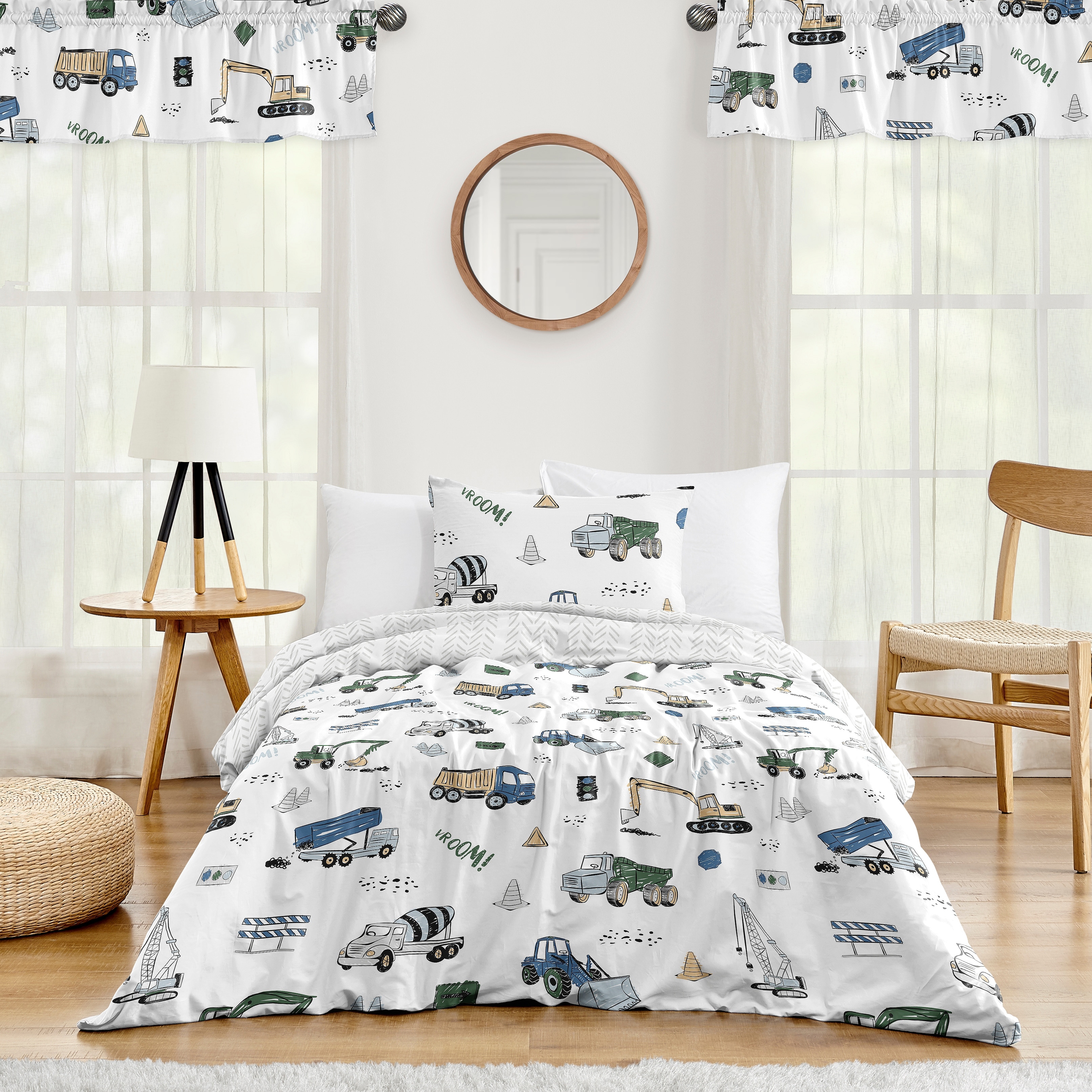 Construction Truck Collection Boy 2pc Twin-size Comforter Set - Grey Yellow Black Blue and Green Transportation Chevron Arrow