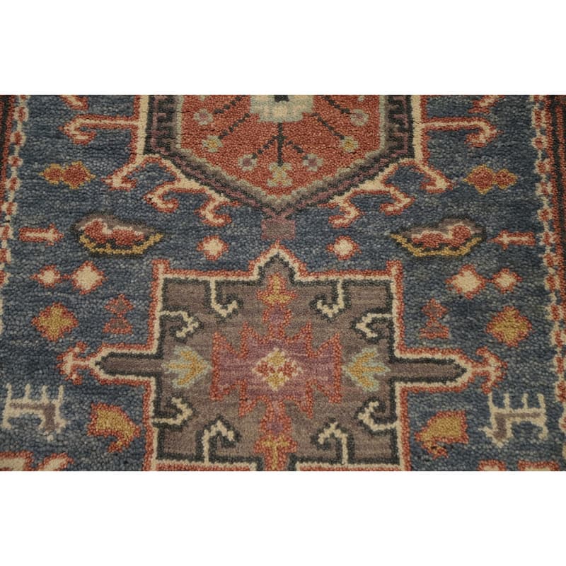 Hand Knotted Oriental 100% Wool Carpet Traditional Geometric Navy Blue & Blues Kazak Area Rug - 10' 1'' X 2' 6''