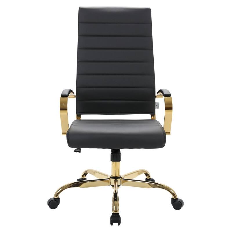 Benmar High-Back Leather Office Desk Chair in Brushed Gold Steel Frame Cushion Padded Armrests Tilt Lock Swivel Ergonomic Chair