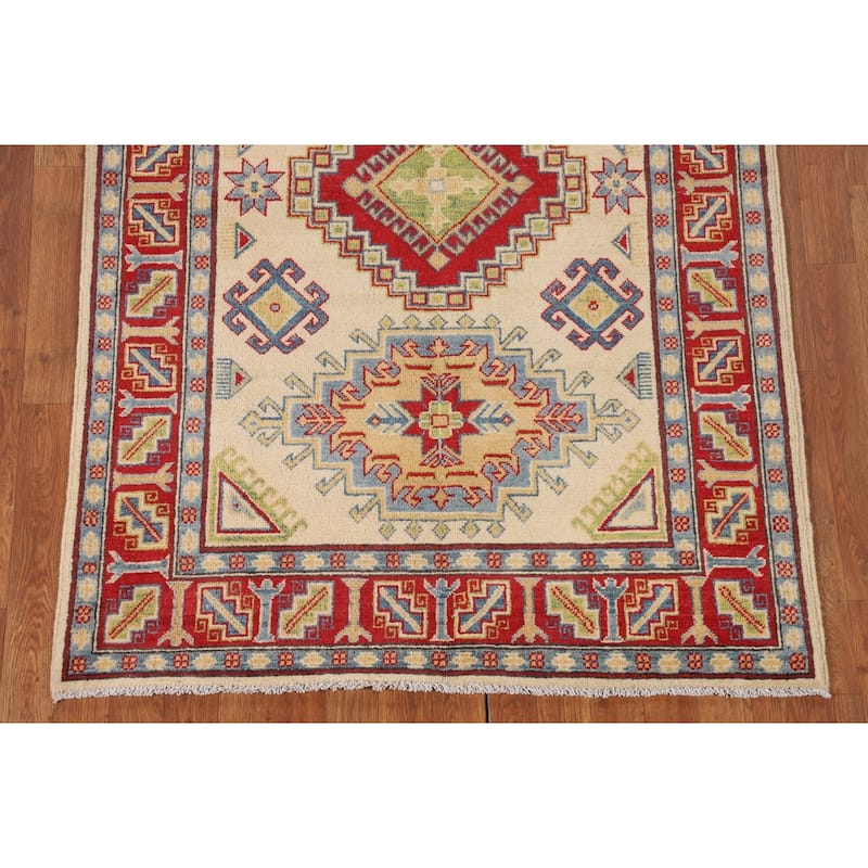 Geometric Kazak Oriental Area Rug Handmade Beige Wool Carpet - 3'11" x 6'0"