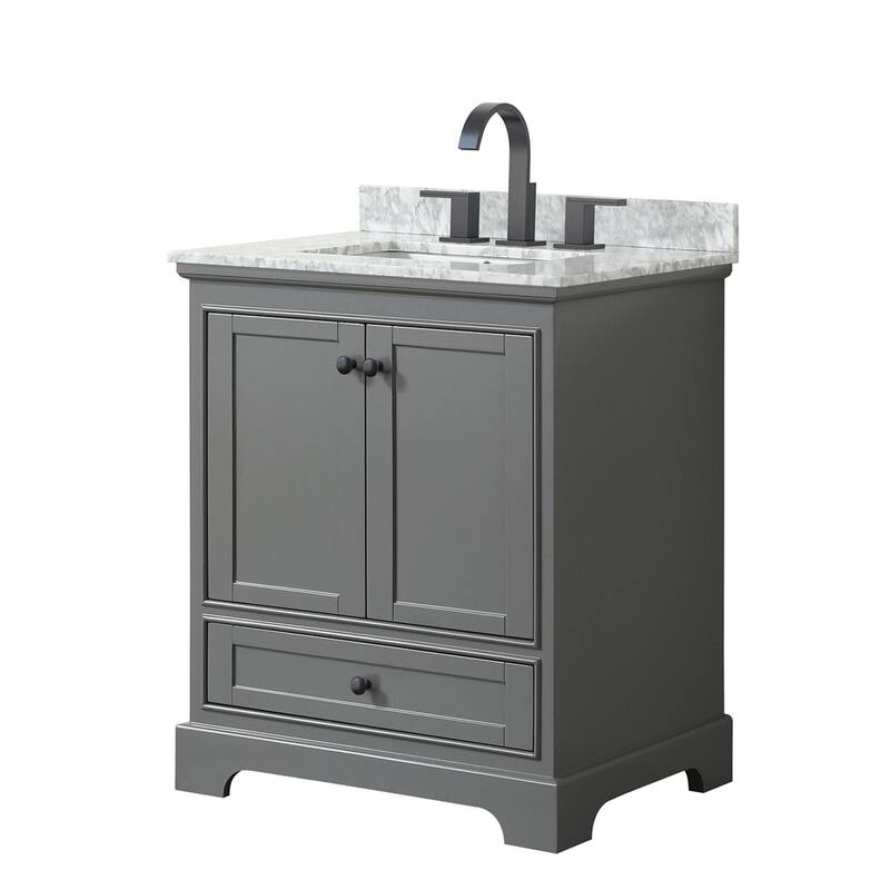 Wyndham Collection Deborah 30" Free Standing Single Vanity Set with - Dark Gray / White Carrara Marble Top / Matte Black - Steel Finish