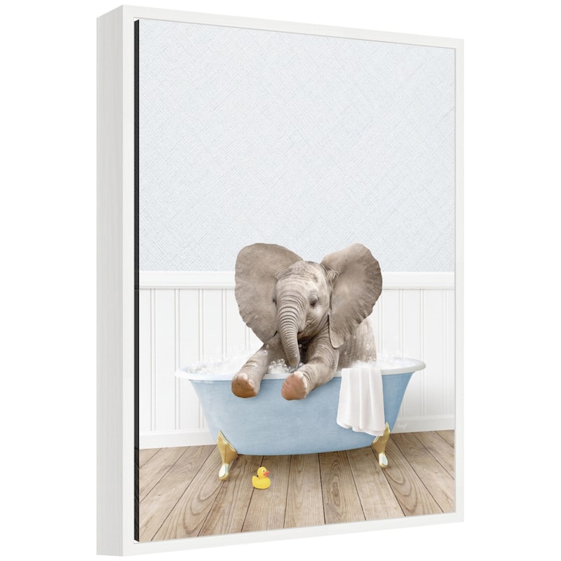 Kate and Laurel Sylvie Baby Elephant 6 in Cottage Blue Bathtub Framed Canvas by Amy Peterson - White