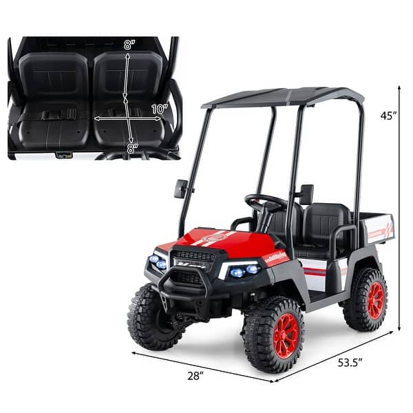 dimension image slide 1 of 4, Kids Ride On Golf Cart with Remote 24V Rechargeable Battery USB Music and Sun Awning - 53.5" × 28" × 45" (L x W x H)