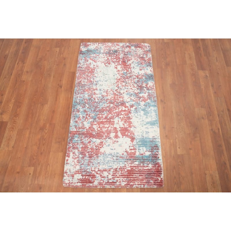 Hand Knotted Oriental Viscose Silk Carpet Modern All-Over Oranges & Rust Abstract Area Rug - 4' 0'' X 2' 0''