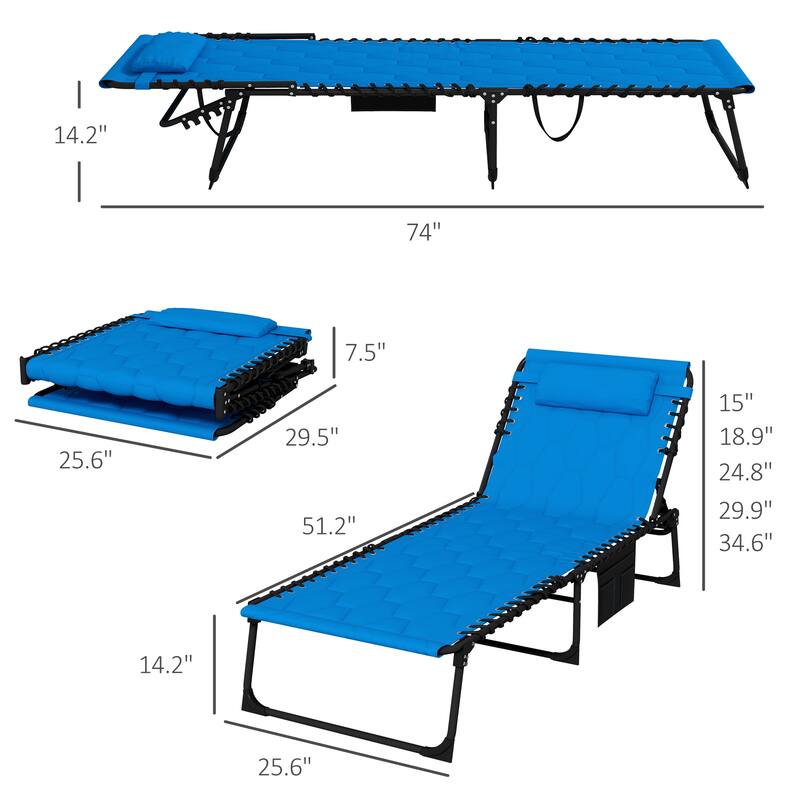 Folding Tanning Chair Set of 2, Outdoor Recliner Lounge Chairs with Pillow, Storage Pocket & Adjustable Backrest