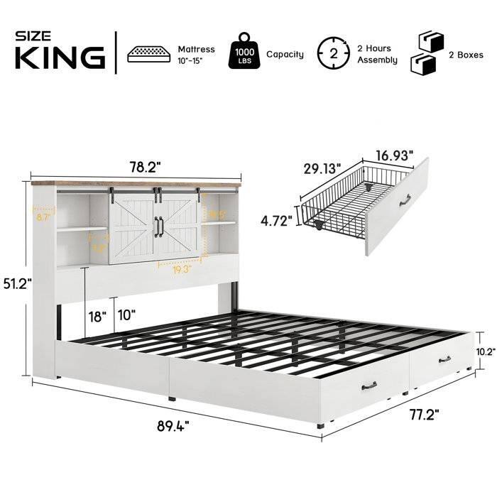 Farmhouse Platform Bed with Storage Drawers Shelves and Built In USB Charging Port Available