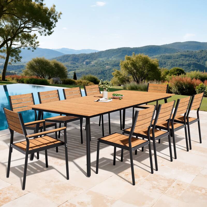 11PC Outdoor Patio Dining Set Aluminum Umbrella Hole Table with Stackable Chairs - Brown