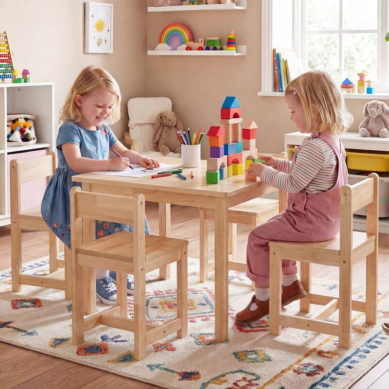 Gymax 5-Piece Kids Table and Chairs Set Solid Rubber Wood Toddler