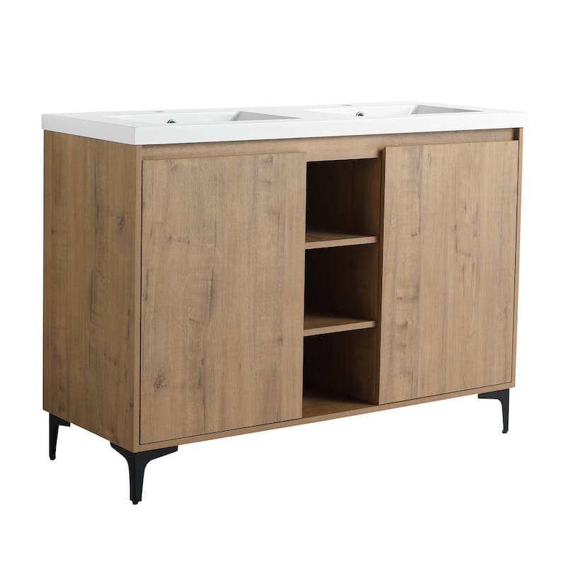 48 Inch Plywood Freestanding Bathroom Vanity Set in Imitative Oak with Integrated Double Resin Sink