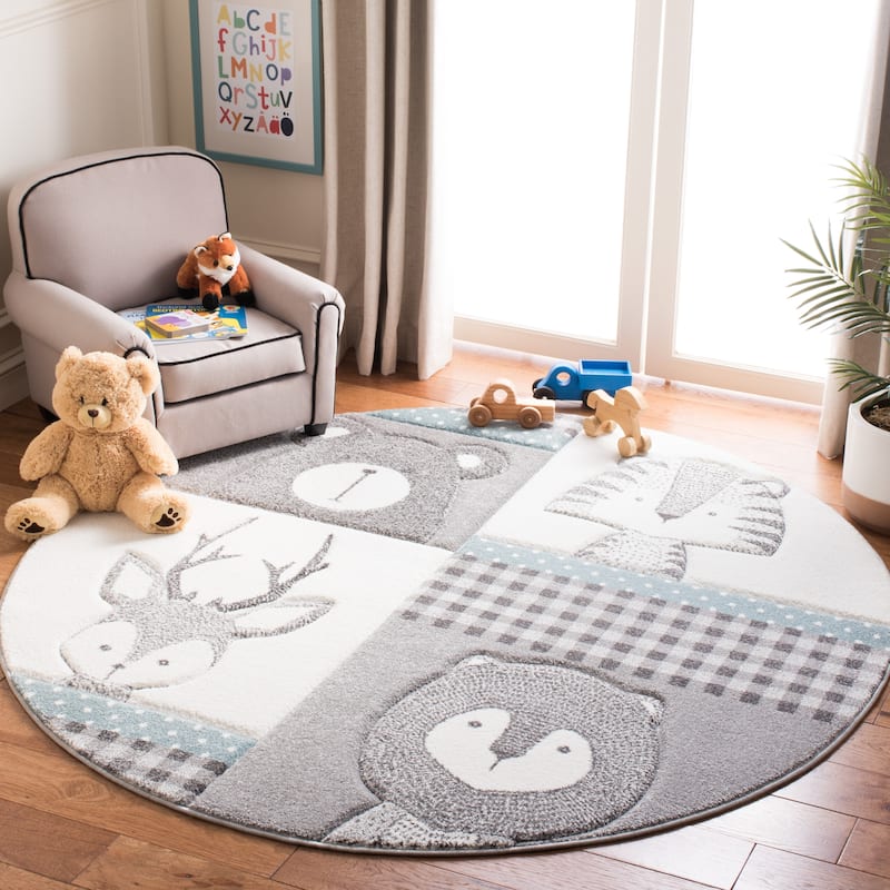 SAFAVIEH Carousel Kids Jeremy Animal Rug - 5'3" Round - Grey/Ivory