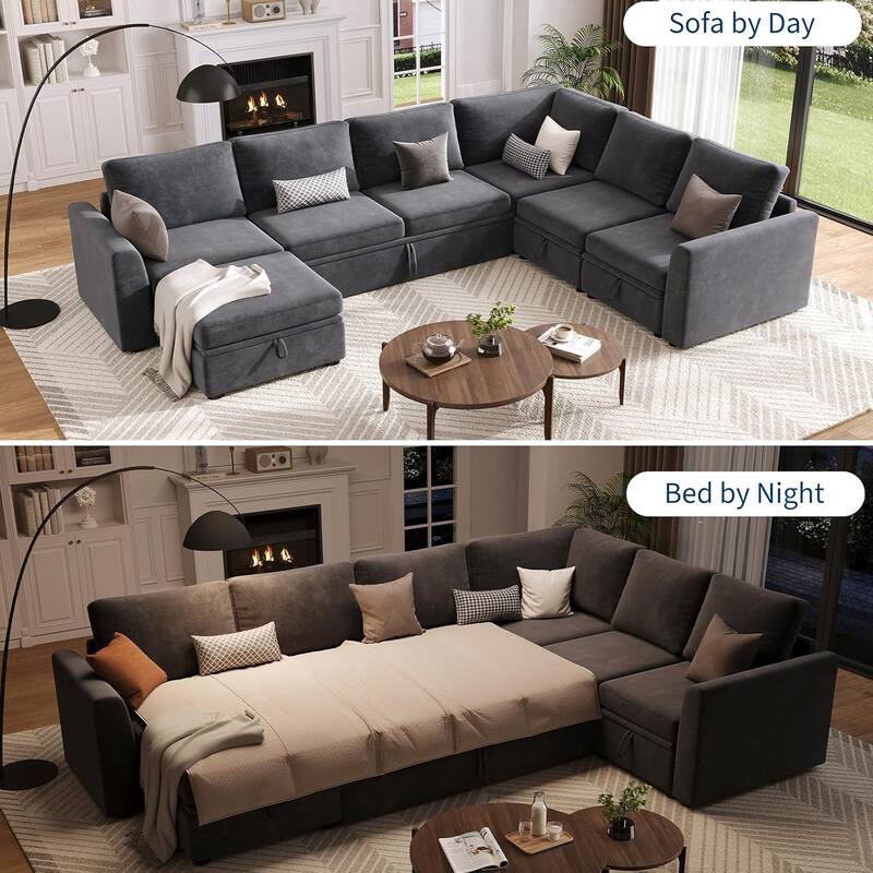 U Shaped Sectional Sleeper Sofa with Pull Out Bed, Chenille Modular Sectional Sofa