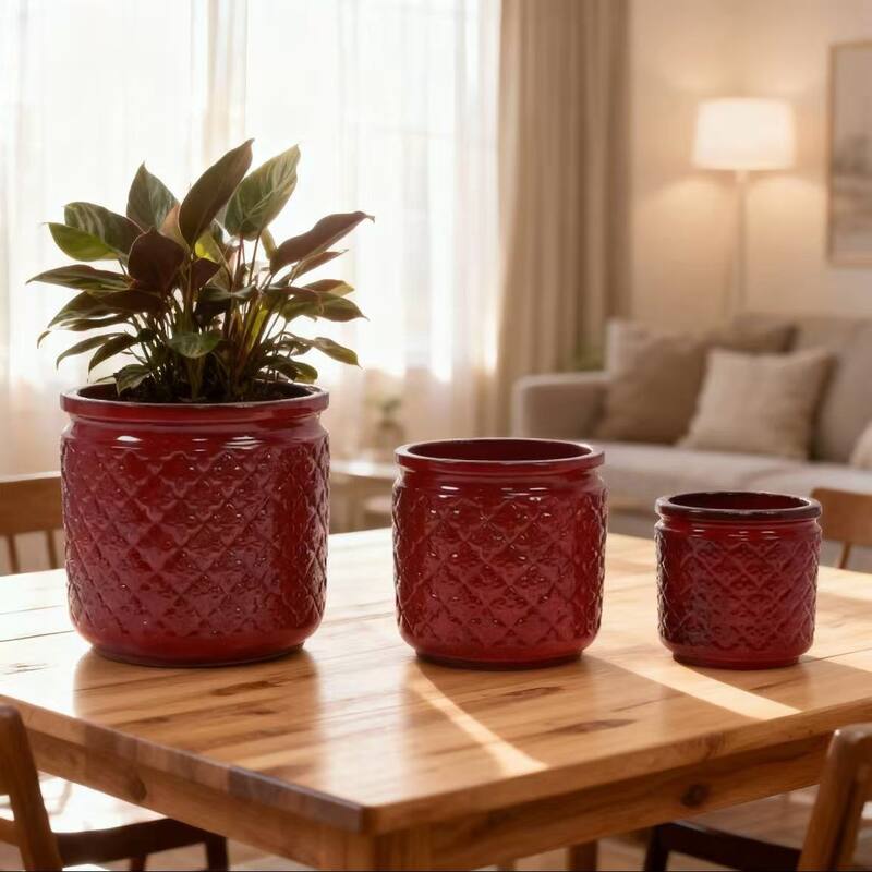 Set of 3 Handmade Ceramic Planters, Diamond, Pattern Breathable Clay